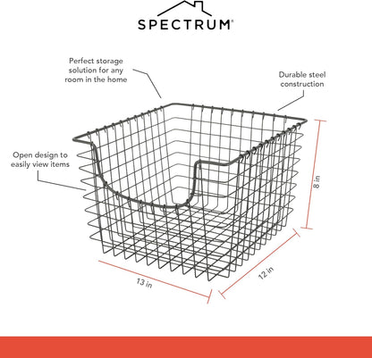 Spectrum Wire Scoop Basket Storage Bin Industrial Gray Medium Metal Wire Basket Organizer for Kitchen Pantry Wire Storage Bins, Heavy Duty Rectangle Wire Storage for Kitchen Organization