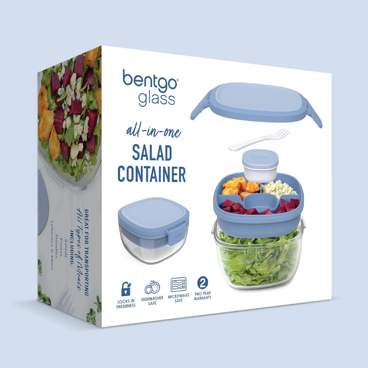 Bentgo Glass Prints Salad Container - 7.6-Cup Tinted Glass Salad Bowl with Airtight Lid, Leak-Proof Sauce Container, 4-Compartment Bento Meal Prep Tray & Reusable Fork (Floral Maximalist - Sea)