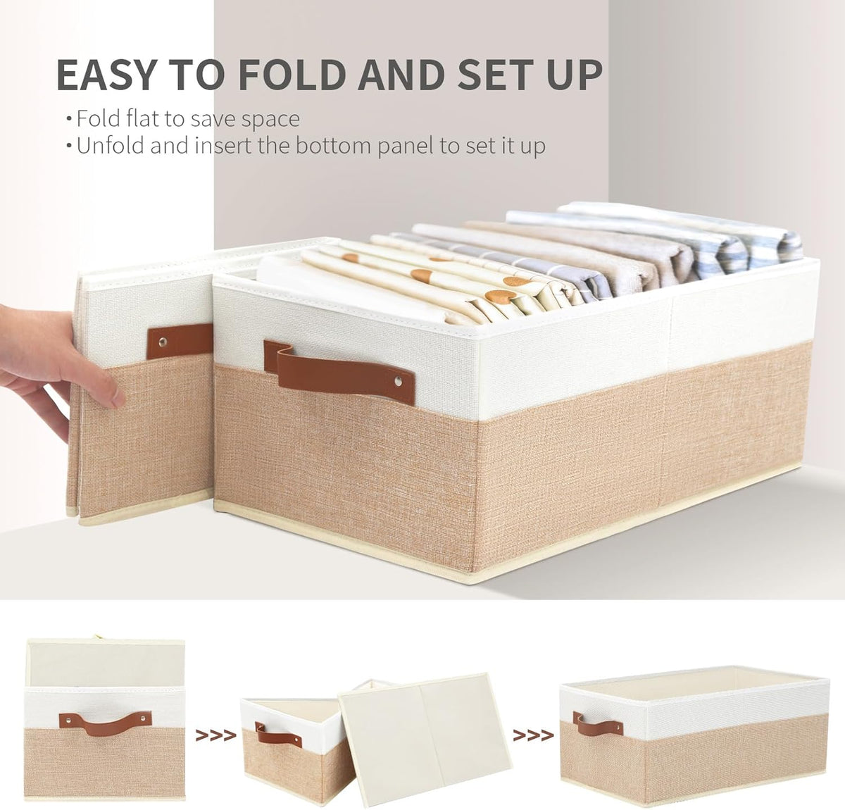 Large Capacity Storage Bins Closet Organizer for Shelves, Fabric Closet Storage Baskets Boxes with Leather Handles for Organizing Clothes, Sheets, Jeans, Toys, Books (Grey)