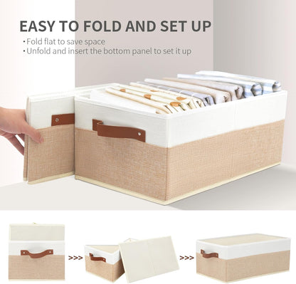 Large Capacity Storage Bins Closet Organizer for Shelves, Fabric Closet Storage Baskets Boxes with Leather Handles for Organizing Clothes, Sheets, Jeans, Toys, Books (Grey)