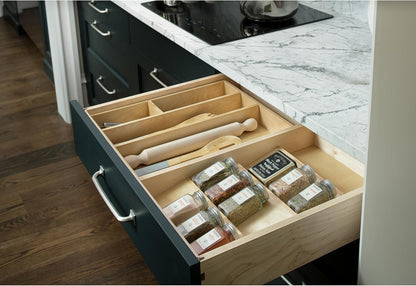 Rev-A-Shelf 36" 3 Tiered Seasoning Organizer, Trim-to-Custom-Fit Wooden Kitchen Draw and Cabinet Home Storage Insert, Pull Out Spice Rack, Maple, 4SDI-36-1