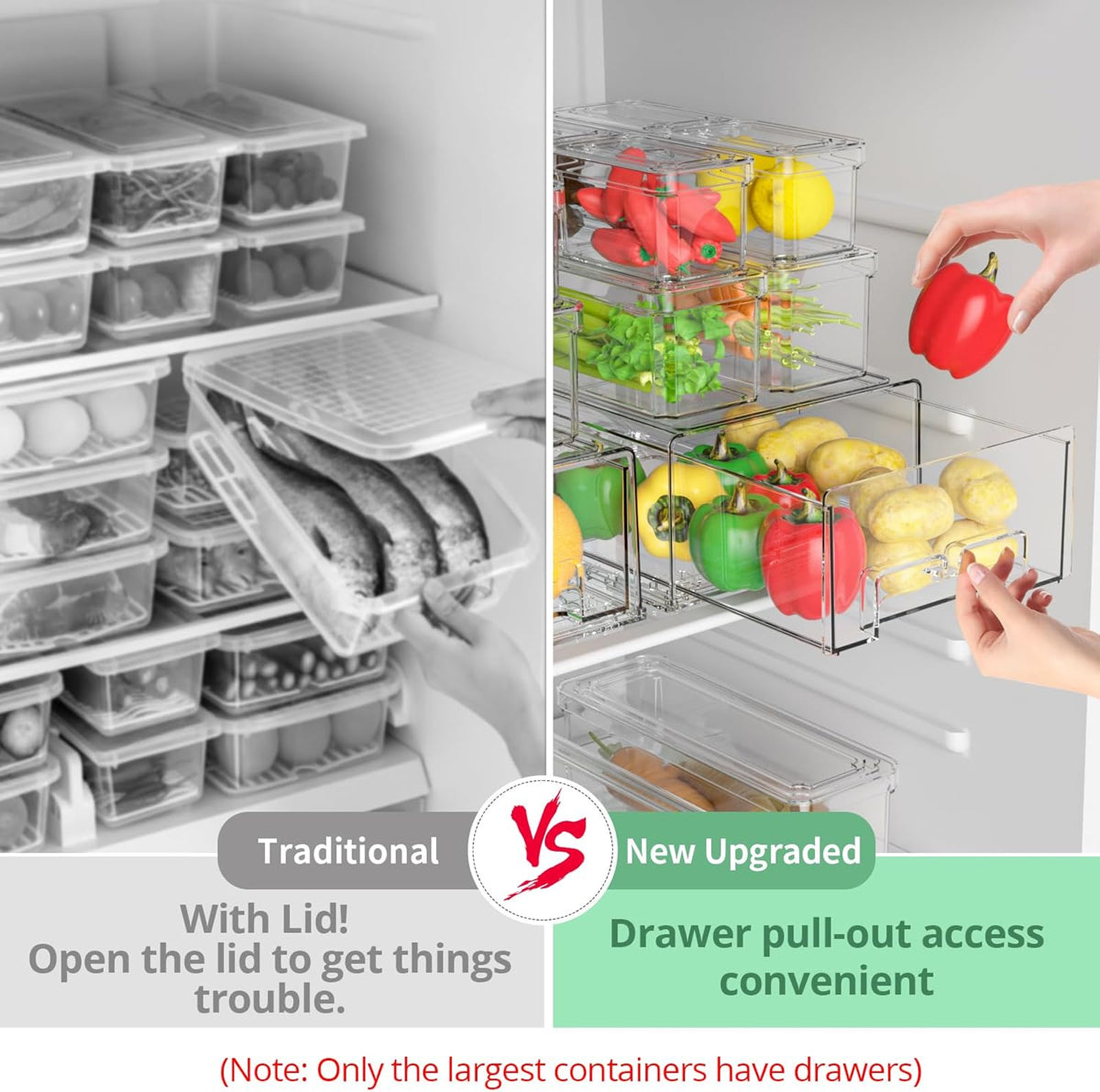 damynuo 14Pack Fridge Organizer Bins, Clear Refrigerator Organizing Containers with Lids and Refrigerator Drawers, Stackable Food, Vegetable and Fruit Containers for Fridge Organizers and Storage