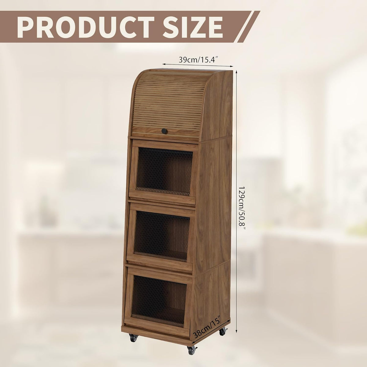 4 Tier Narrow Potato Storage Bin, Tall Wood Potato and Onion Storage Bin with Wheel, Movable Fruit and Vegetable Basket, Food Small Kitchen Pantry Cabinet, Wooden Bread Box, Walnut, Sliding Door