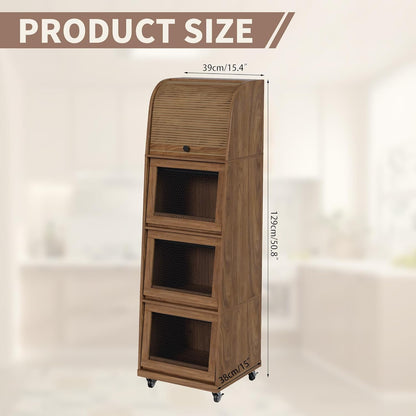 4 Tier Narrow Potato Storage Bin, Tall Wood Potato and Onion Storage Bin with Wheel, Movable Fruit and Vegetable Basket, Food Small Kitchen Pantry Cabinet, Wooden Bread Box, Walnut, Sliding Door