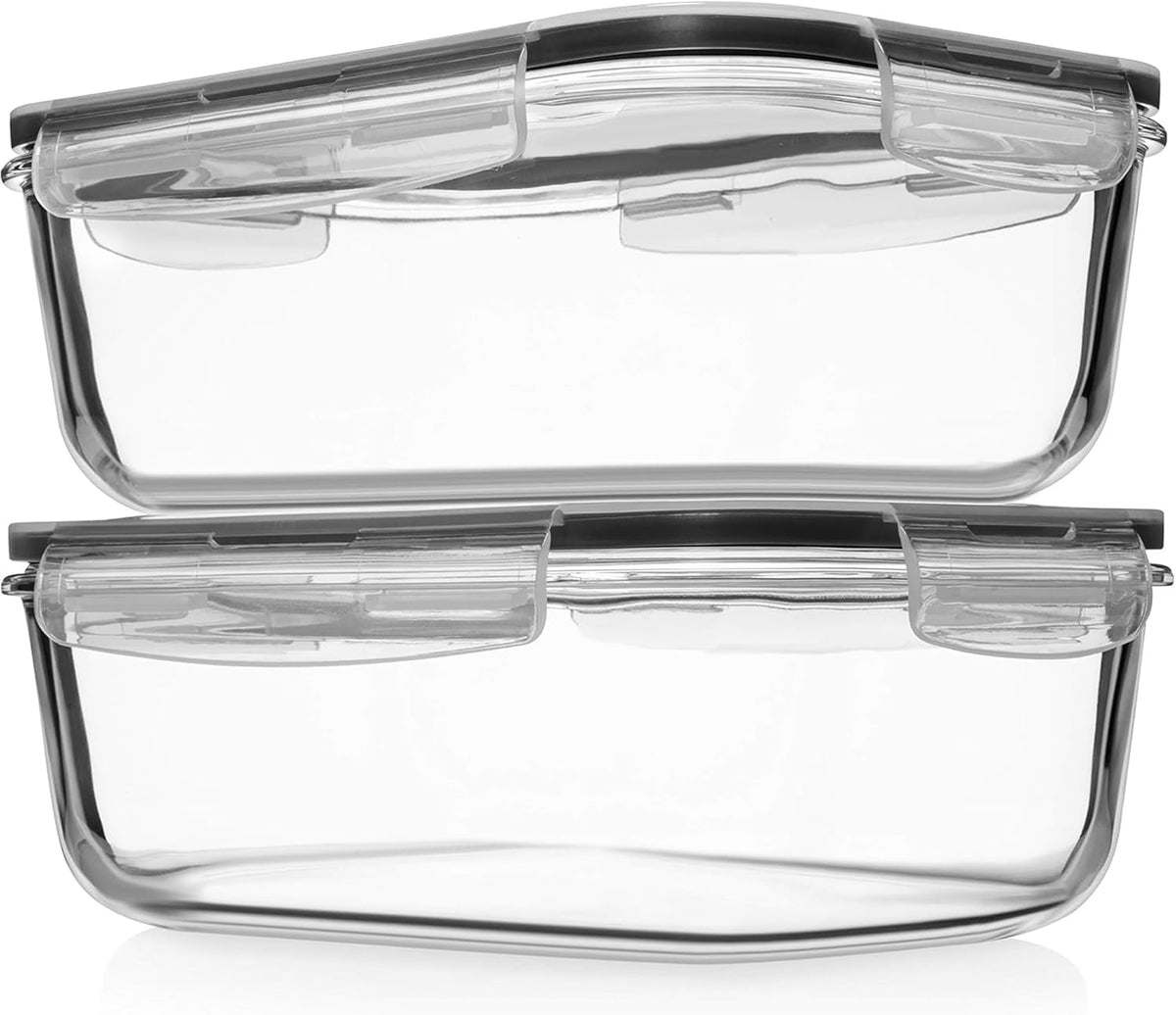 8 Cups/ 63 Oz 4 Piece (2 containers + 2 Lids) Large Glass Food Storage/ Baking Containers with Locking Lids . Ideal for Storing food, vegetables or fruits. BPA Free & Leak Proof -Microwave, Oven Safe
