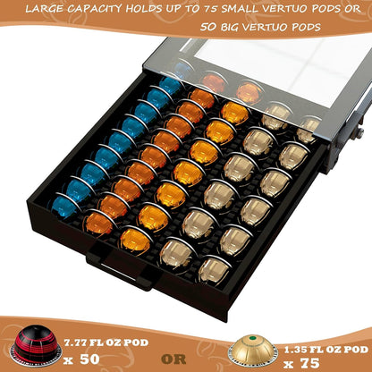 Vertuo Pod Holder Drawer with Deluxe Black Tempered Glass Top, Compatible for Nespresso VertuoLine Pods, Holds up to 75 Small or 50 Big Vertuo Pods Compact Design (Piano Black Nespresso Pods Holder)