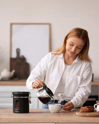 Veken Coffee Canister with Window, Family Choice Awards Winner, Airtight Stainless Steel Home Kitchen Food Storage Container with Lids for Grounds, Beans, Tea, Flour,Cereal,Sugar Jars,Scoop,16OZ,Black