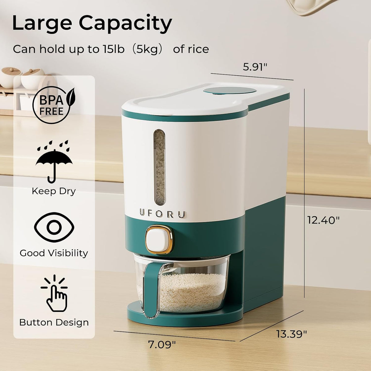 UFORU Rice Dispenser, Rice Storage Container with Measuring Cup for Kitchen Pantry Household, Cereal Dry Food Storage Containers Airtight, Sealed Moisture Proof (Brown 11 Lbs)