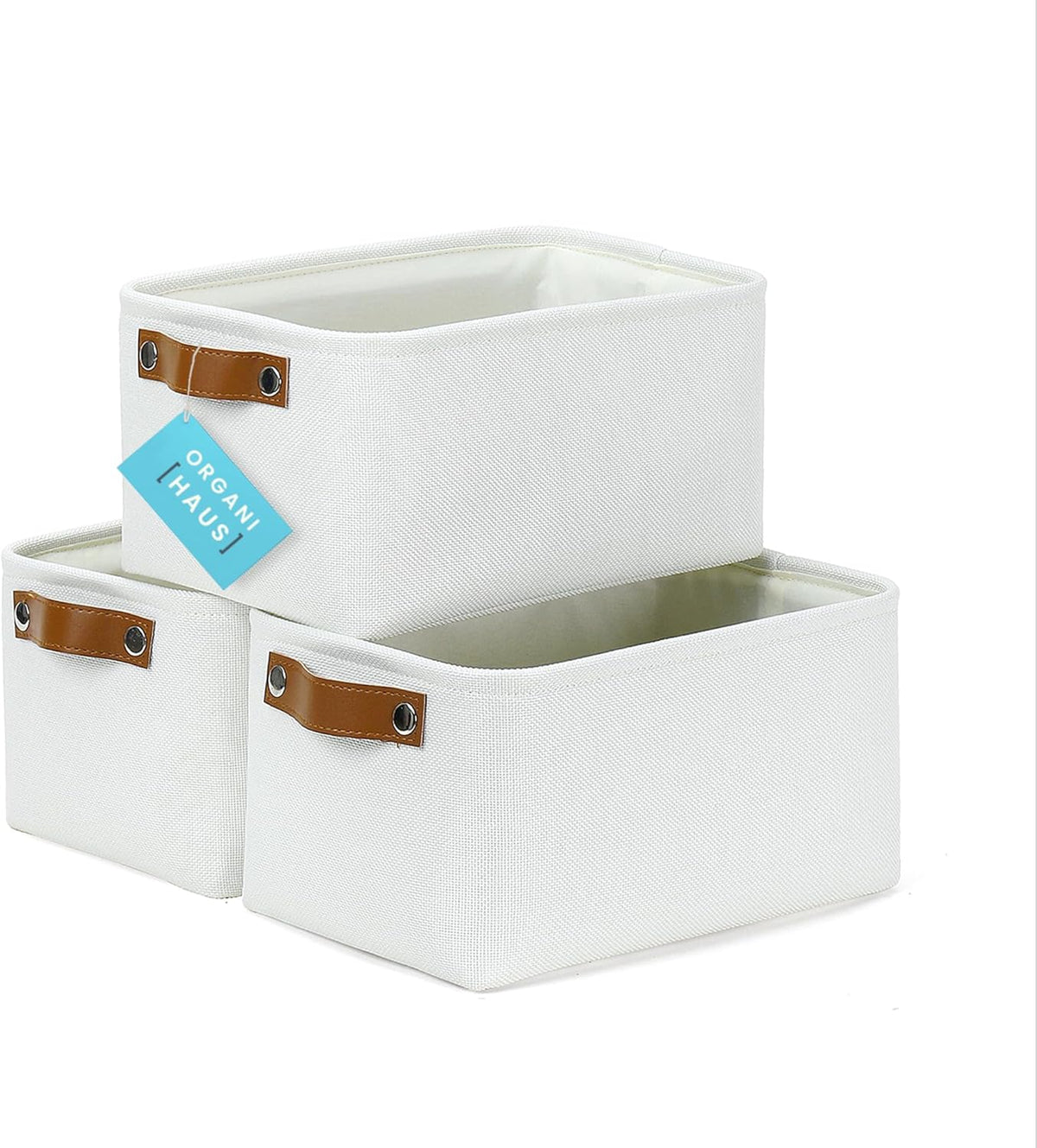 OrganiHaus 12x8in Canvas Storage Baskets 3 Pack | SMALL Fabric Bins for Shelves | Pantry & Bathroom Organizer | Beige/Off-White