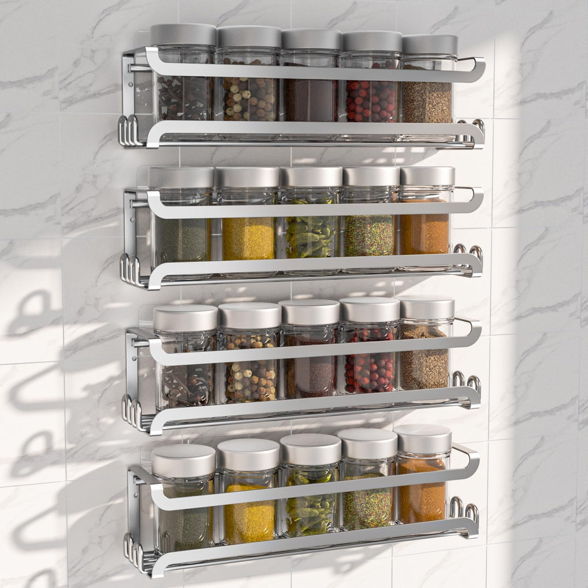 LUCYCAZ Wall Mounted Spice Rack with 8 Hooks, Spice Organizer Shelf for Stove Cabinet Pantry Door,Screw or Adhesive Spice Shelf Hanging Wall Spice Rack in Kitchen and RV (Black)
