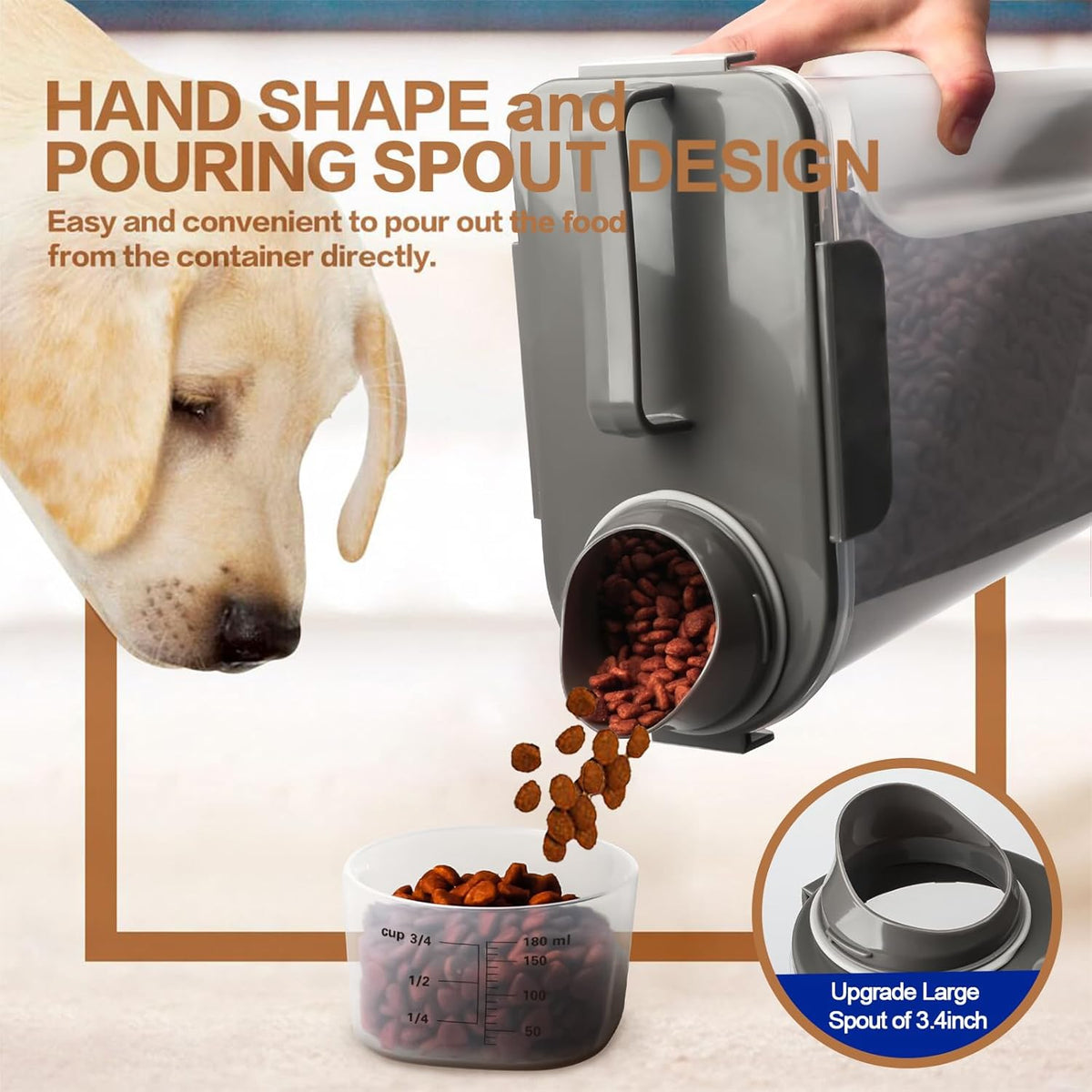 TIOVERY Upgraded Dog Food Storage Container Small, Cat Food Container Airtight, Pet Food Container Dispenser with Pour Spout, Measuring Cup and 4 Seal Buckles for Dogs, Cats, Birds (Grey)