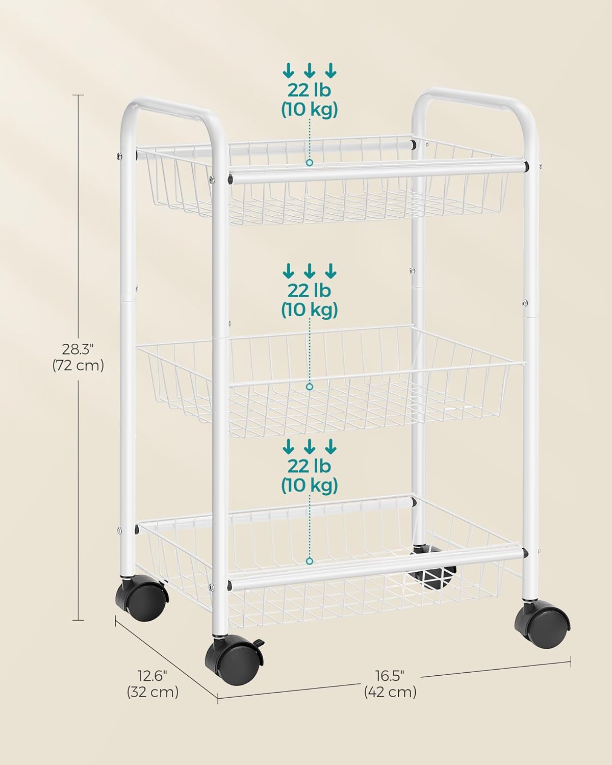 SONGMICS 3-Tier Metal Rolling Cart on Wheels with Baskets, Lockable Utility Trolley with Handles for Kitchen Bathroom Closet, Storage with Removable Shelves, Black UBSC03BK