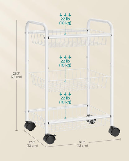 SONGMICS 3-Tier Metal Rolling Cart on Wheels with Baskets, Lockable Utility Trolley with Handles for Kitchen Bathroom Closet, Storage with Removable Shelves, Black UBSC03BK