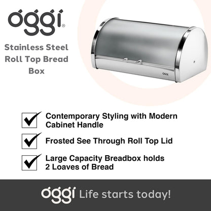 Oggi Stainless Steel Roll Top Bread Box for Kitchen Countertop with Tempered Glass Lid - Fits Multiple Large Loaves of Bread and Other Freshly Baked Goods Including Cookies, Bagels, Muffins