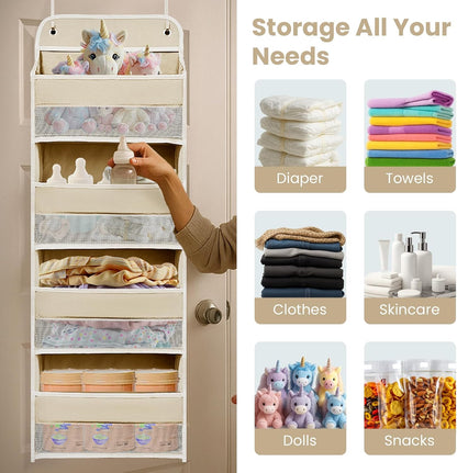 Over The Door Organizer with LifetimeWarranty, 4 Shelves & 4 Side Pockets, Large Storage Rack Holds 44lb, Heavy-Duty Reinforced Mesh Shelf for Bathroom, Closet, Toy Organization, Shoes, Towels, Grey