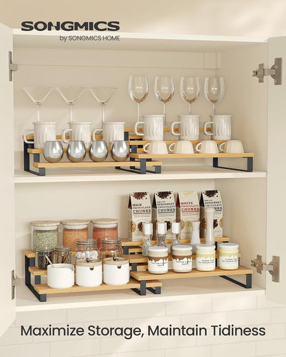 SONGMICS Display Risers, Set of 2 Engineered Wood Perfume Organizer Stand, 4-Tier Cupcake Stand Holder, Spice Rack, Shelf Risers for Figures, Dessert Shelves, Natural Beige and Cloud White UKCS216N02