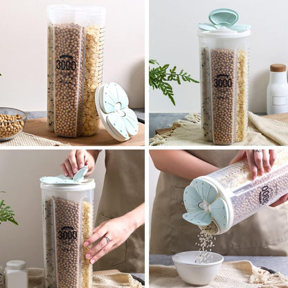 Airtight Kitchen Food Storage Container, Leak-Proof BPA Free Plastic Plastic Dry Cereal Dispensers Containers with Durable Lids for Flour, Sugar, Rice (1500ml-3 Grid)
