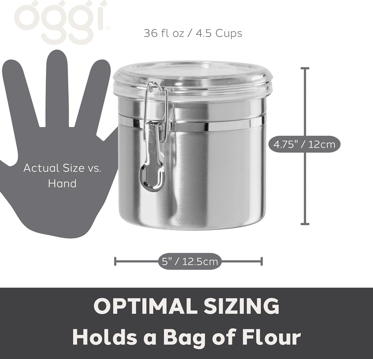 Oggi Stainless Steel Kitchen Canister 152 fl oz - Airtight Clamp Lid, Clear See-Thru Top - Ideal for Kitchen Storage, Food Storage, Pantry Storage. Jumbo Size 8" x 8".