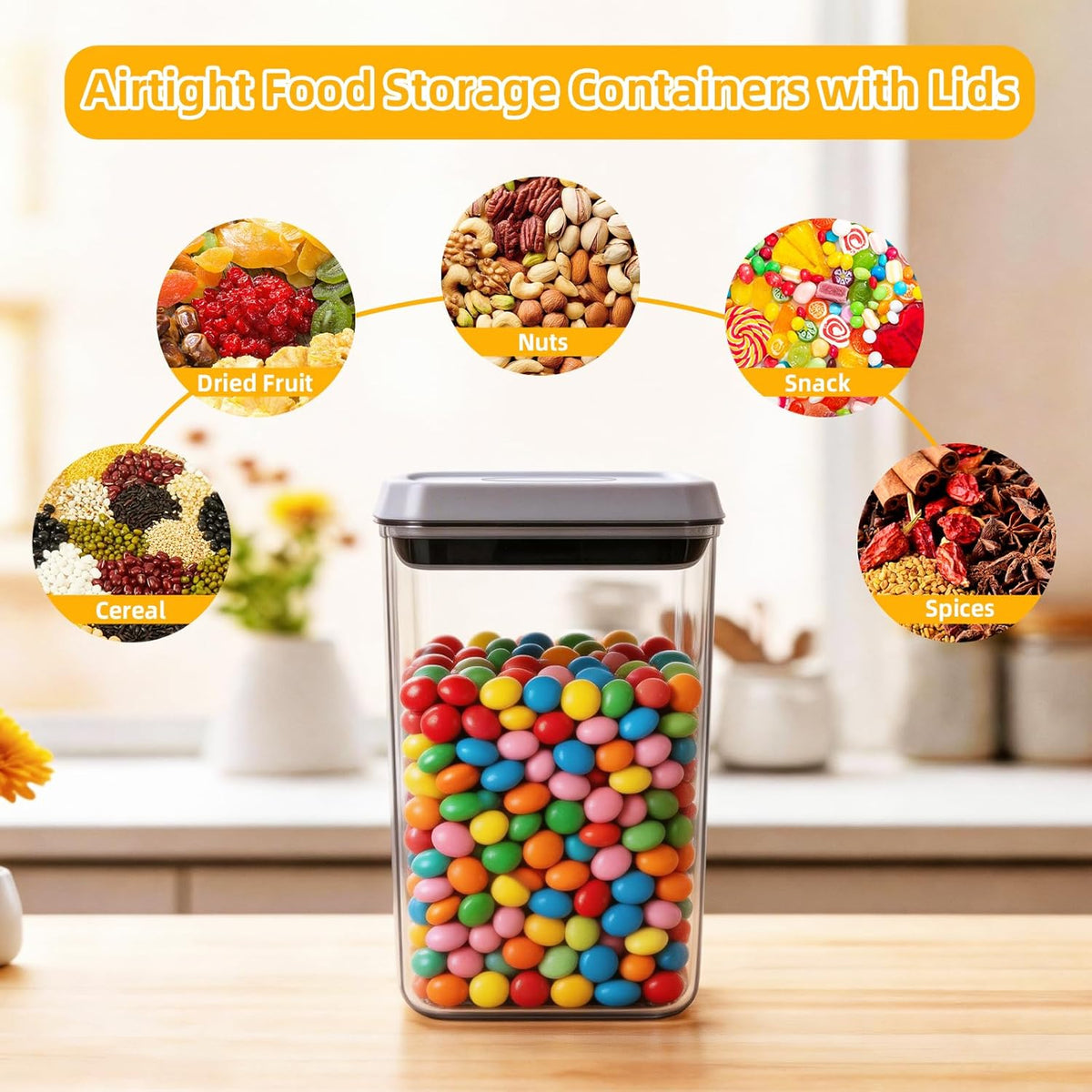 Pop Airtight Food Storage Containers with Lids, Push Button Seal BPA-Free for Kitchen Pantry Organization, 0.65Qt/0.7Qt/1.8Qt for Cereal, Flour, Sugar, Snacks Dry Food Storage