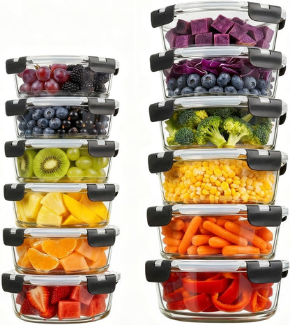 Konokyo Round Glass Food Storage Containers with Lids, 12 Pack Airtight Leakproof Meal Prep Containers, BPA-Free, Microwave Oven Freezer & Dishwasher Safe, Assorted Sizes