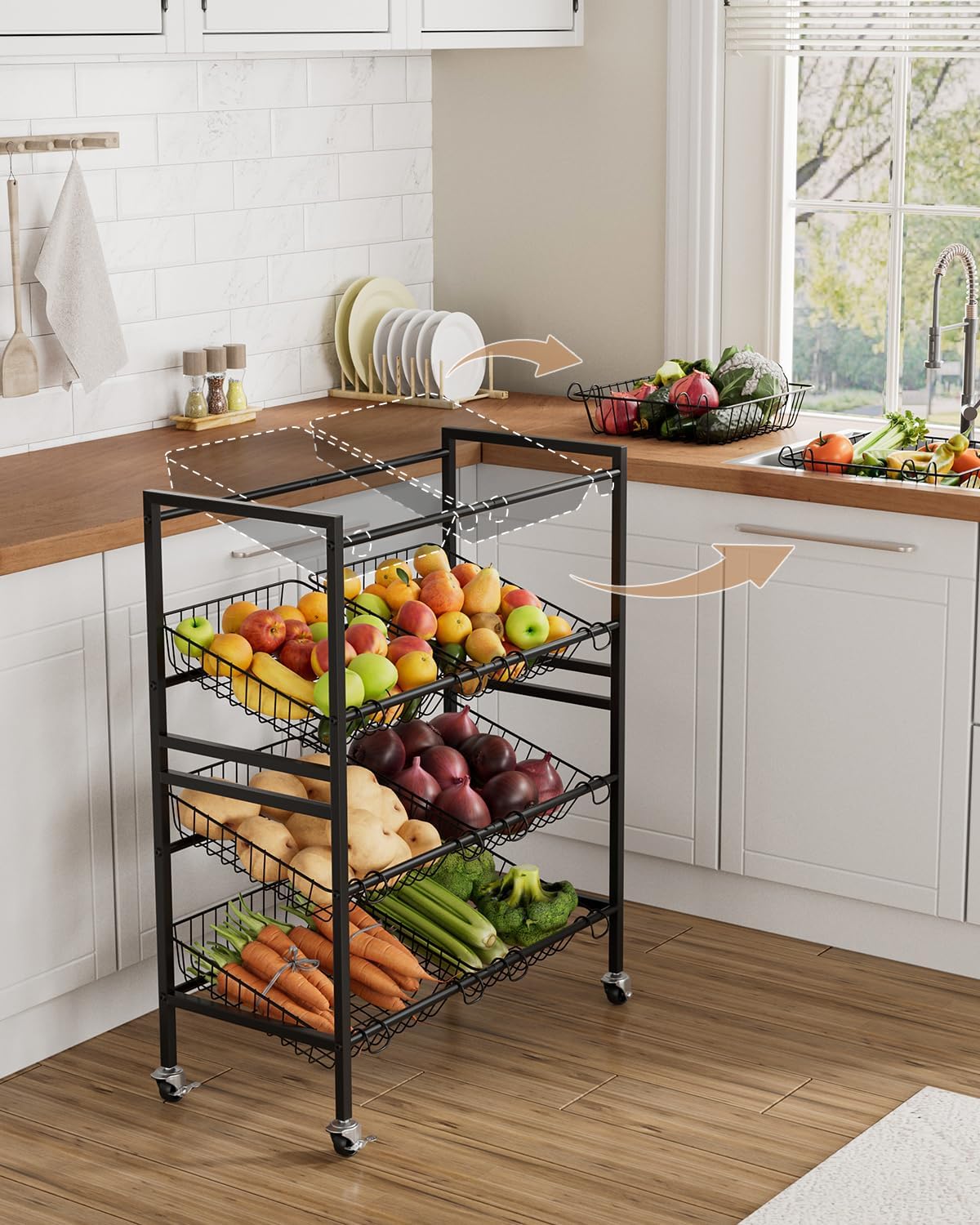 Evermagin 25.2''W Kitchen Storage Cart, Rolling Snack Cart, 4 Tier Fruit Basket Vegetable Stand, Metal Pantry Storage Organizer with 8 Removable Baskets for Onion Potato, Black
