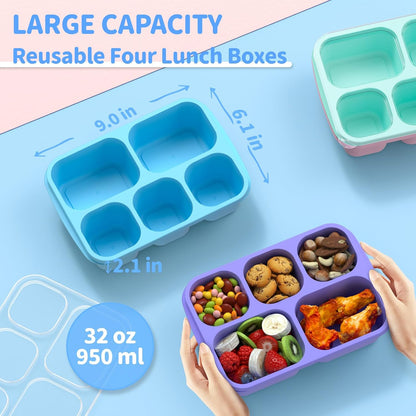 Bento Box Adult Lunch Box - 4 Pack, 5 - Compartment Meal Prep Container for Kids, Reusable Food Storage Snack Containers - Stackable for School, Work, and Travel (Wheat(Green/Blue/Pink/Beige))
