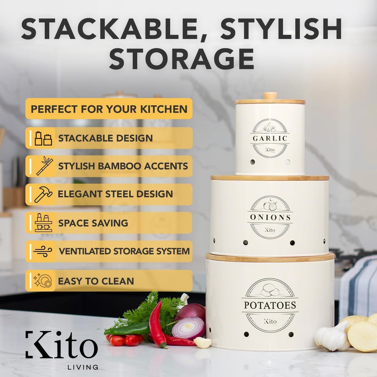 Kito LIVING Canister Sets for Kitchen Counter with Wooden Bamboo Lids, Kitchen Canisters for Countertop, Stackable Steel Farmhouse Canisters for Potato Storage, Onion and Potato Storage Bins - Cream