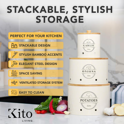Kito LIVING Canister Sets for Kitchen Counter with Wooden Bamboo Lids, Kitchen Canisters for Countertop, Stackable Steel Farmhouse Canisters for Potato Storage, Onion and Potato Storage Bins - Cream