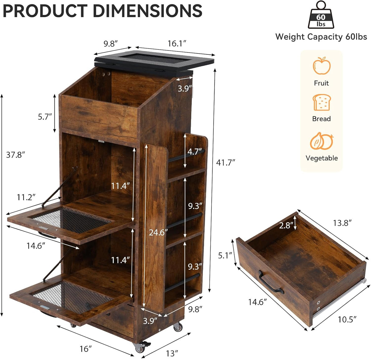 Verano Garden Potato and Onion Storage Bin on Wheels, Wood Bread Box with Lid & Mesh Doors, 4-Tier Rolling Fruit and Vegetable Storage Organizer w/Drawer & Side Rack for Kitchen (Rustic Brown, 16.0")