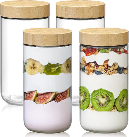 NETANY 4-pack 16oz Glass jars with Airtight Lids, Overnight Oats Containers with Bamboo Lids, Wide mouth Mason Salad jars, Glass Food Storage Containers for Snacks Yogurt Spice Sugar