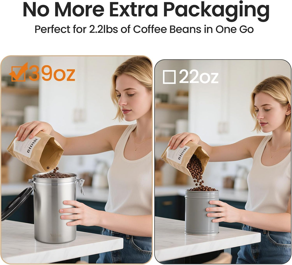 Veken Coffee Canister, 39OZ Large, Mothers Day Gifts For Women, Airtight Stainless Steel Food Storage Container for 2.2lbs Coffee Beans, Ground, Sugar, Tea, Flour, Cereal,Kitchen Bar Accessories,Cream