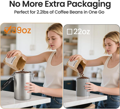Veken Coffee Canister, 39OZ Large, Mothers Day Gifts For Women, Airtight Stainless Steel Food Storage Container for 2.2lbs Coffee Beans, Ground, Sugar, Tea, Flour, Cereal,Kitchen Bar Accessories,Cream