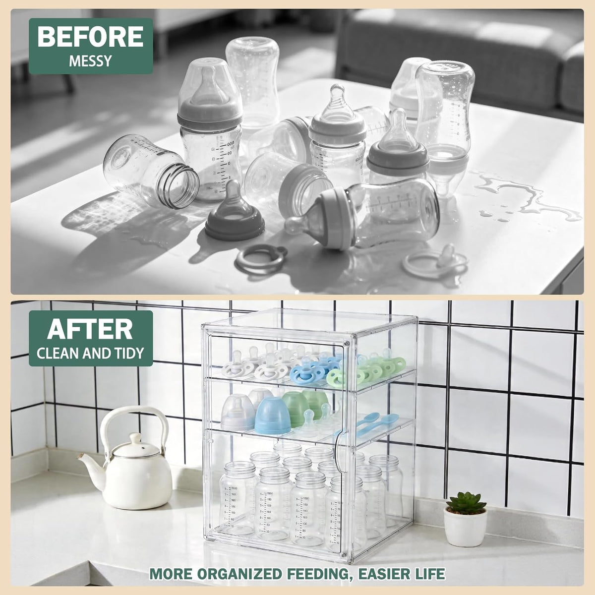 Baby Bottle Organizer, 3-Tier Bottle Storage for Countertop with Double Magnetic Doors, Clear Plastic Bottle Station Organizer Mom Gifts with 2 Dividers for Kitchen, Bathroom, Cabinet, Vanity