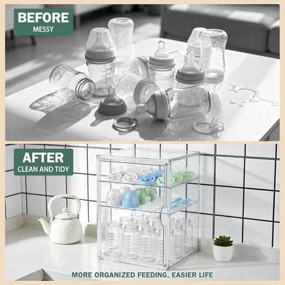Baby Bottle Organizer, 3-Tier Bottle Storage for Countertop with Double Magnetic Doors, Clear Plastic Bottle Station Organizer Mom Gifts with 2 Dividers for Kitchen, Bathroom, Cabinet, Vanity