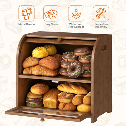 HOOBRO Bread Box, Bamboo Bread Box for Kitchen Countertop, 2 Tier Roll-Top Bread Bin, Food Storage Box, Large Capacity Keeper, Wooden Storage Cabinet, for Kitchen, Dining Room, Natural YL13MB01