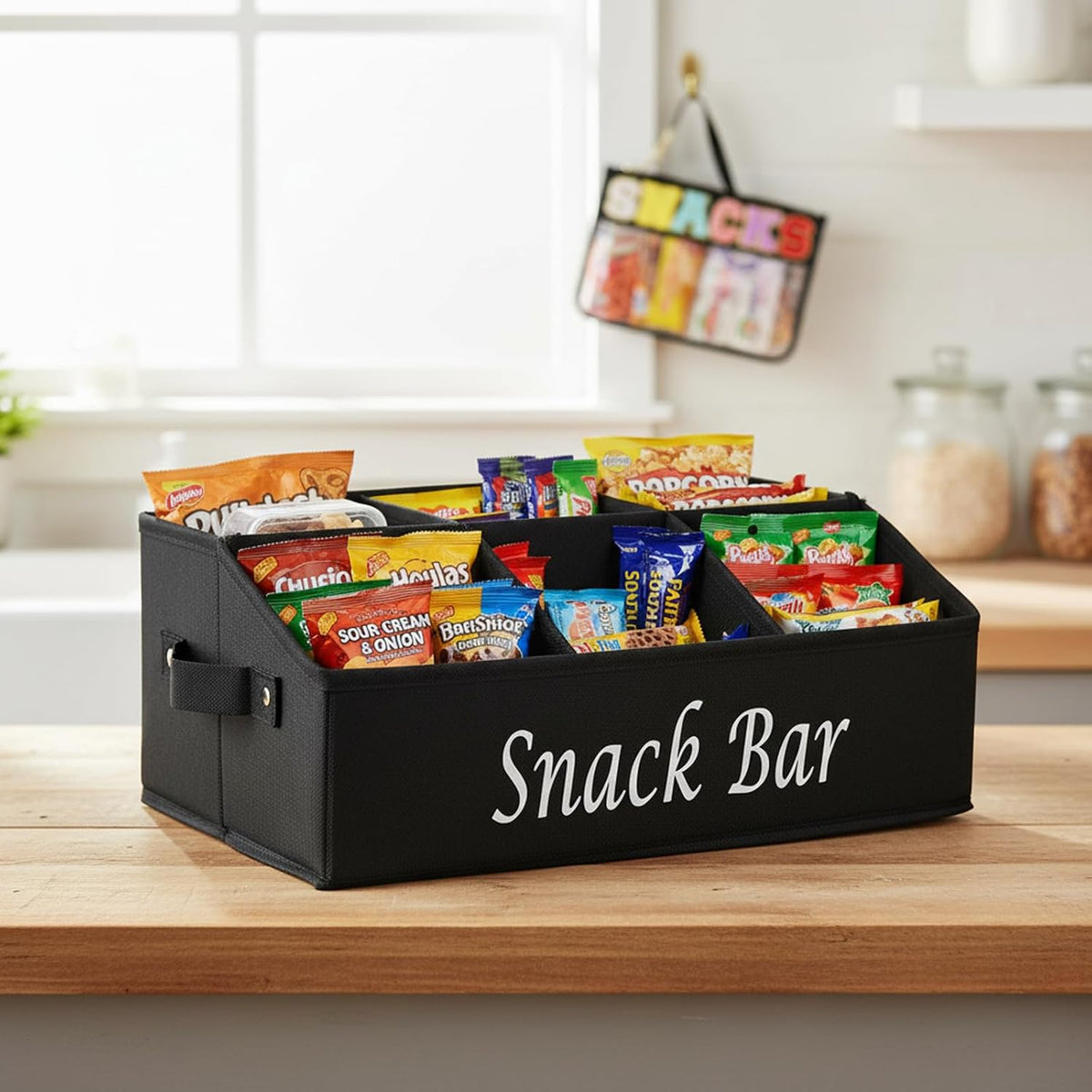 Snack Organizer with Snack Bag, Fabric Snack Basket with Handles, 6 Compartments Snack Container Storage, Clear Snack Bag for Travel Waterproof, Kitchen Pantry Organizer and Storage - Black