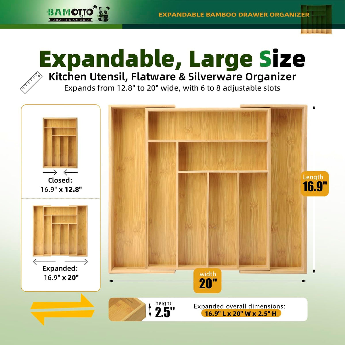 BAMOTTO CRAFTBAMBOO Stack Bamboo Drawer Organizer Set of 5, Kitchen Utensil, Flatware&Silverware Organizer-Wood Laminated Stackable for Kitchen, Bedroom, 13.4''x4.5''*2+10.2''x3.3''*2+10.2''x6.7''*1