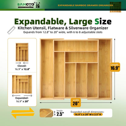 BAMOTTO CRAFTBAMBOO Stack Bamboo Drawer Organizer Set of 5, Kitchen Utensil, Flatware&Silverware Organizer-Wood Laminated Stackable for Kitchen, Bedroom, 13.4''x4.5''*2+10.2''x3.3''*2+10.2''x6.7''*1