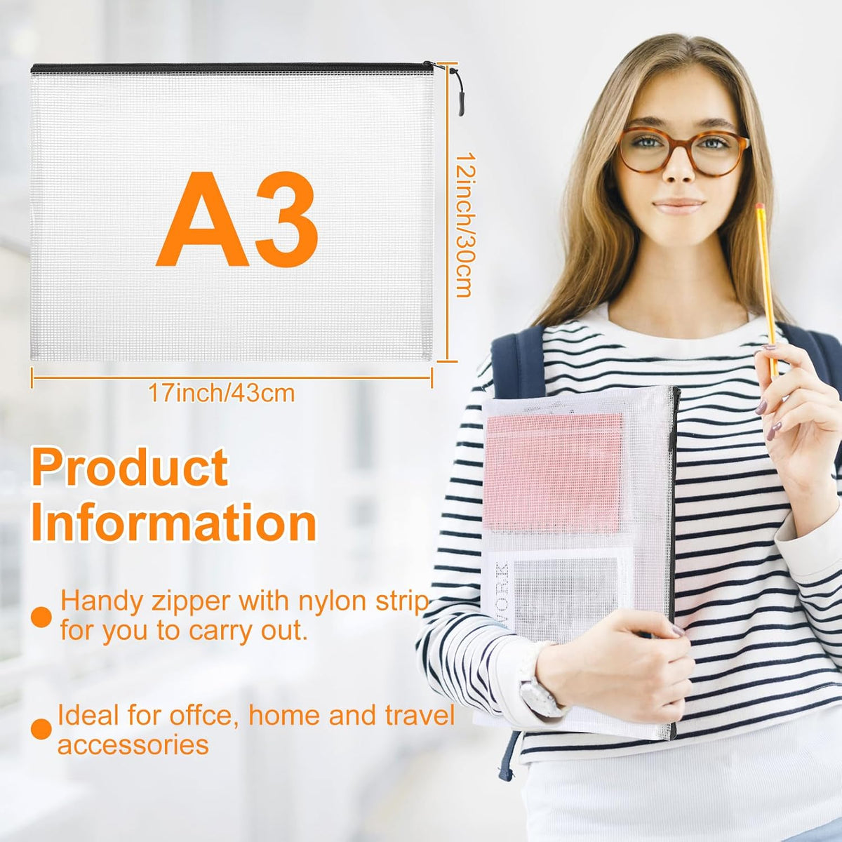 YOPCDJ Mesh Zipper Pouch Bags A4 Zipper Bags for Classroom Organization, Waterproof Document Zipper Pouches for Cosmetics, Travel Storage File Bags for Office Supplie