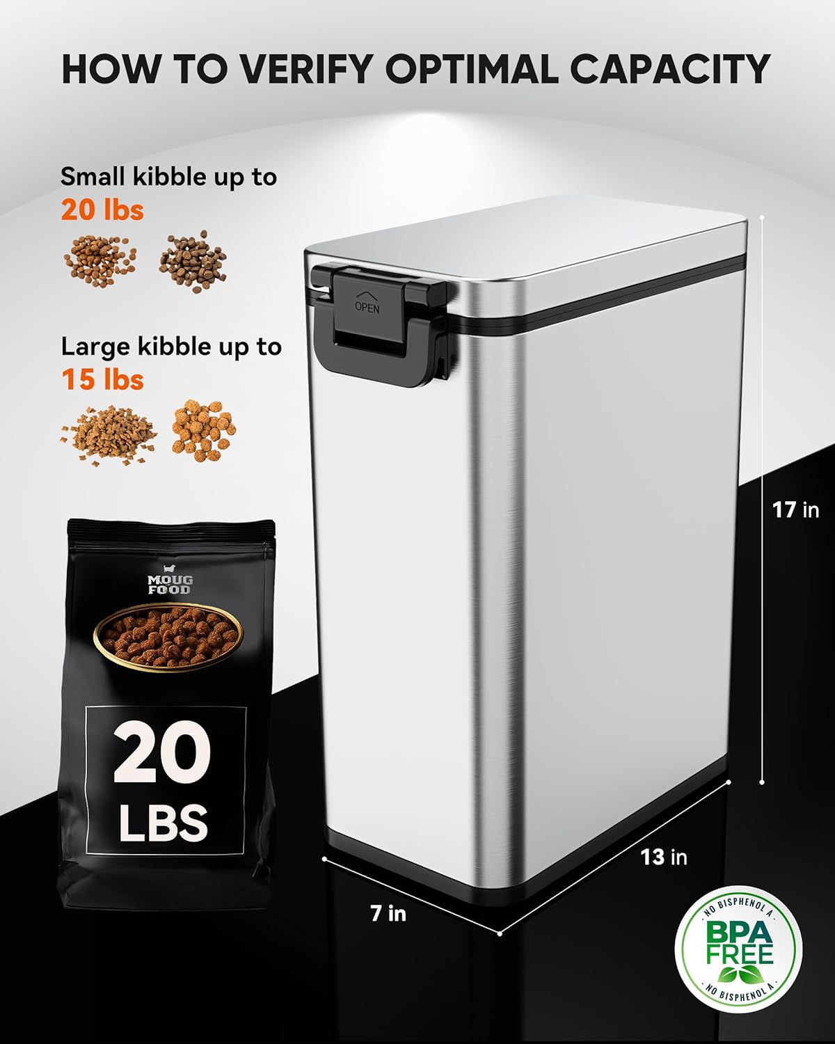 Courpal® Stainless Steel Dog Food Storage Container - 20 LB / 15 LB Dry Pet Food Container with Lids Airtight for Cat Dog Bird - 15L / 4 Gal Stackable Metal Large Sealed Animal Food Bin with Scoop