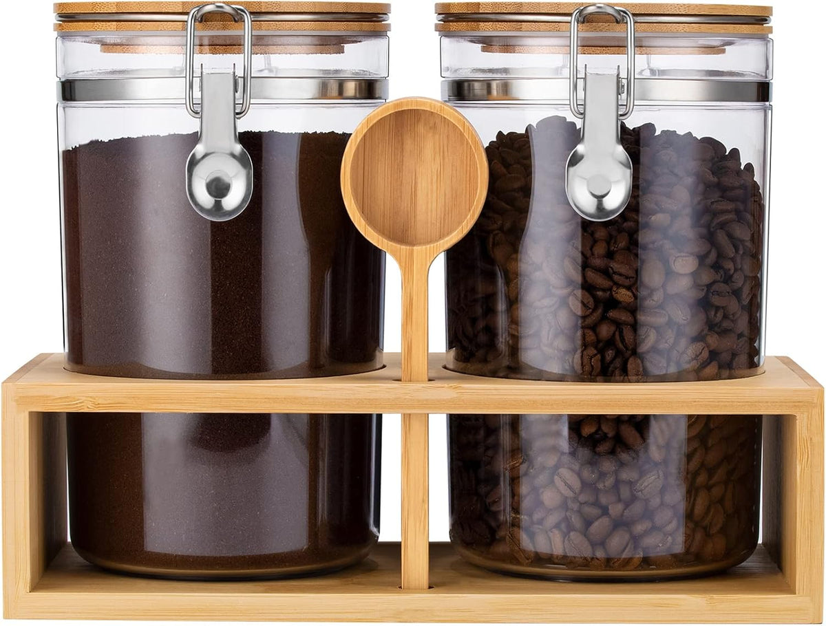 Yangbaga 2Pcs Coffee Sugar Canisters with Shelf, 38OZ Plastics Storage Containers for Ground Coffee Bean Storage with Lid Airtight Locking Clamp and Coffee Scoop, Food Storage Jar for Kitchen