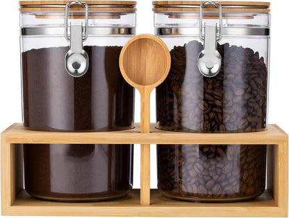 Yangbaga 2Pcs Coffee Sugar Canisters with Shelf, 38OZ Plastics Storage Containers for Ground Coffee Bean Storage with Lid Airtight Locking Clamp and Coffee Scoop, Food Storage Jar for Kitchen