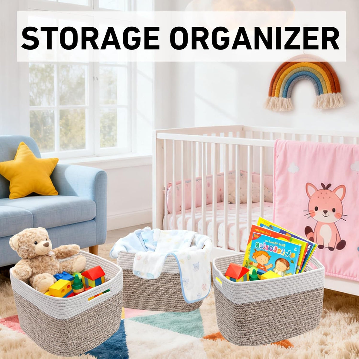 3 Pack Woven Rope Storage Baskets for Shelves,13.5"×11"×9.5" Storage Bins with Handles,Empty Gift Baskets,Nursery Organizer for Toys,Towels,Books,Closet,Living Room,Bedroom (White & Brown)