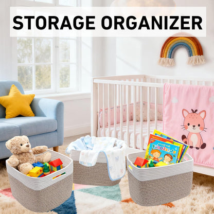 3 Pack Woven Rope Storage Baskets for Shelves,13.5"×11"×9.5" Storage Bins with Handles,Empty Gift Baskets,Nursery Organizer for Toys,Towels,Books,Closet,Living Room,Bedroom (White & Brown)