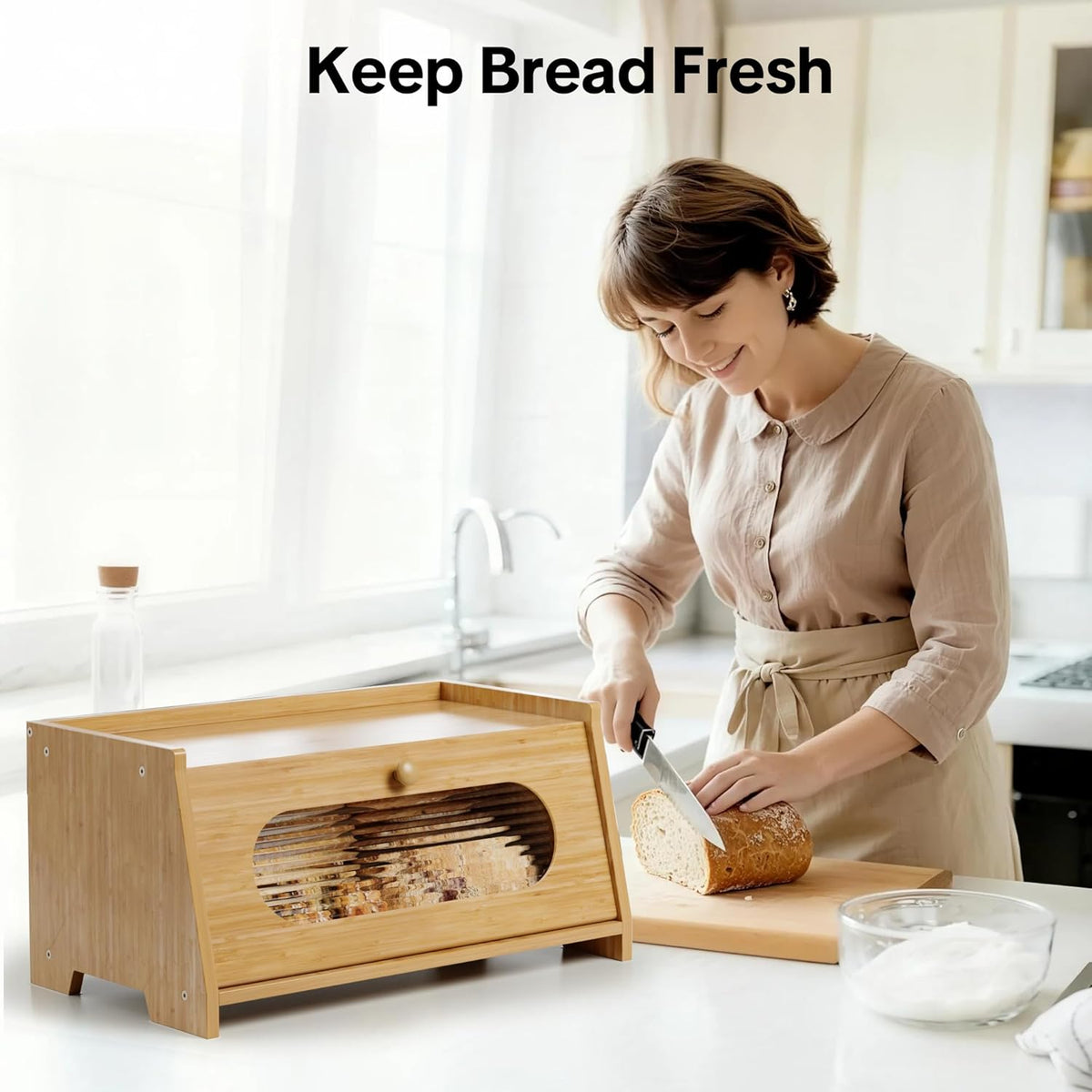 Bread Box,Extra Large 2-Tier Bamboo Bread Box for Kitchen Countertop,Bread Storage Container with Magnetic Acrylic Door for Homemade Bread,Under Cabinet,Pantry Organizer(Natural)
