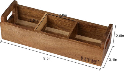 HTB Small Tea Bag Box Wooden, 3 Compartments Acacia Wood Tea Bag Chest with Handle, Mini Countertop Divided Storage Container for Beverage Supplies, Sugar, Sweeteners, Individual Packets