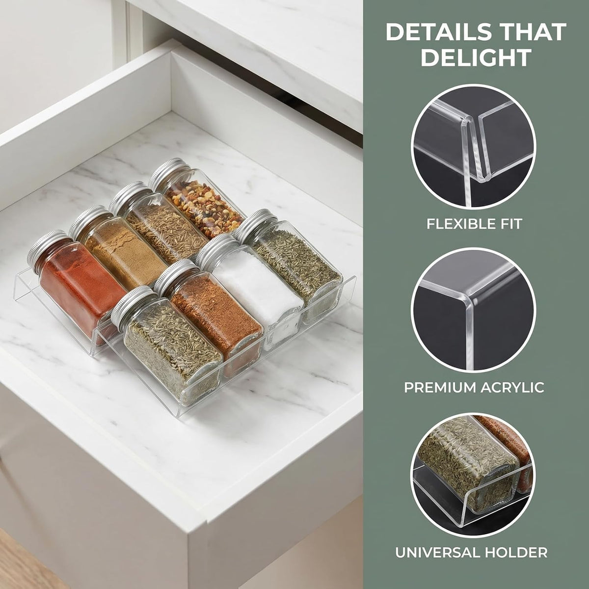 Cabilock 4 Pack Expandable Spice Drawer Organizer, Clear Acrylic 4-Tier Seasoning Rack Tray for Kitchen Drawers, Cabinets, Countertop, Pantry, Nail Polish and Small Bottles