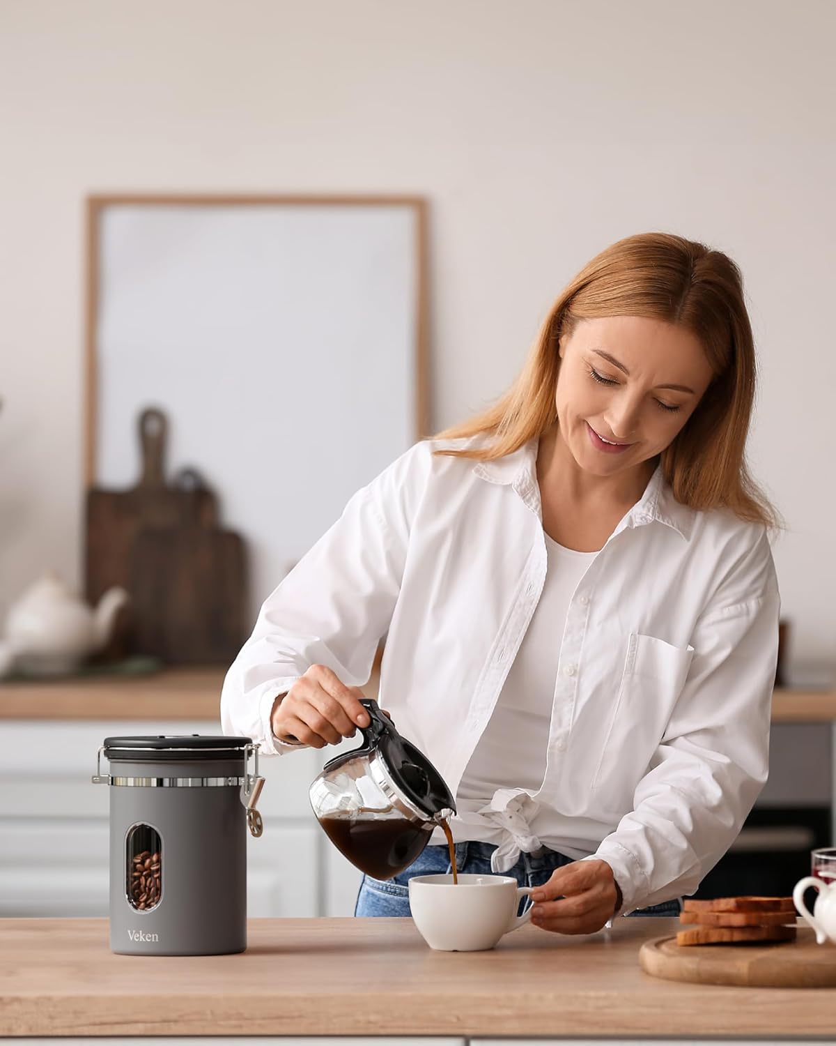 Veken Coffee Canister with Window, Family Choice Awards Winner, Airtight Stainless Steel Home Kitchen Food Storage Container with Lids for Grounds, Beans, Tea, Flour,Cereal,Sugar Jars,Scoop,16OZ,Black