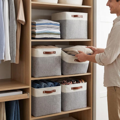 Univivi 4PC Small Fabric Storage Bins,15x6x5 inch Long Narrow Storage Baskets with PU Handles for Closet,Cabinet,Countertop Organizing Small Items (Gray,15x6x5 inch)