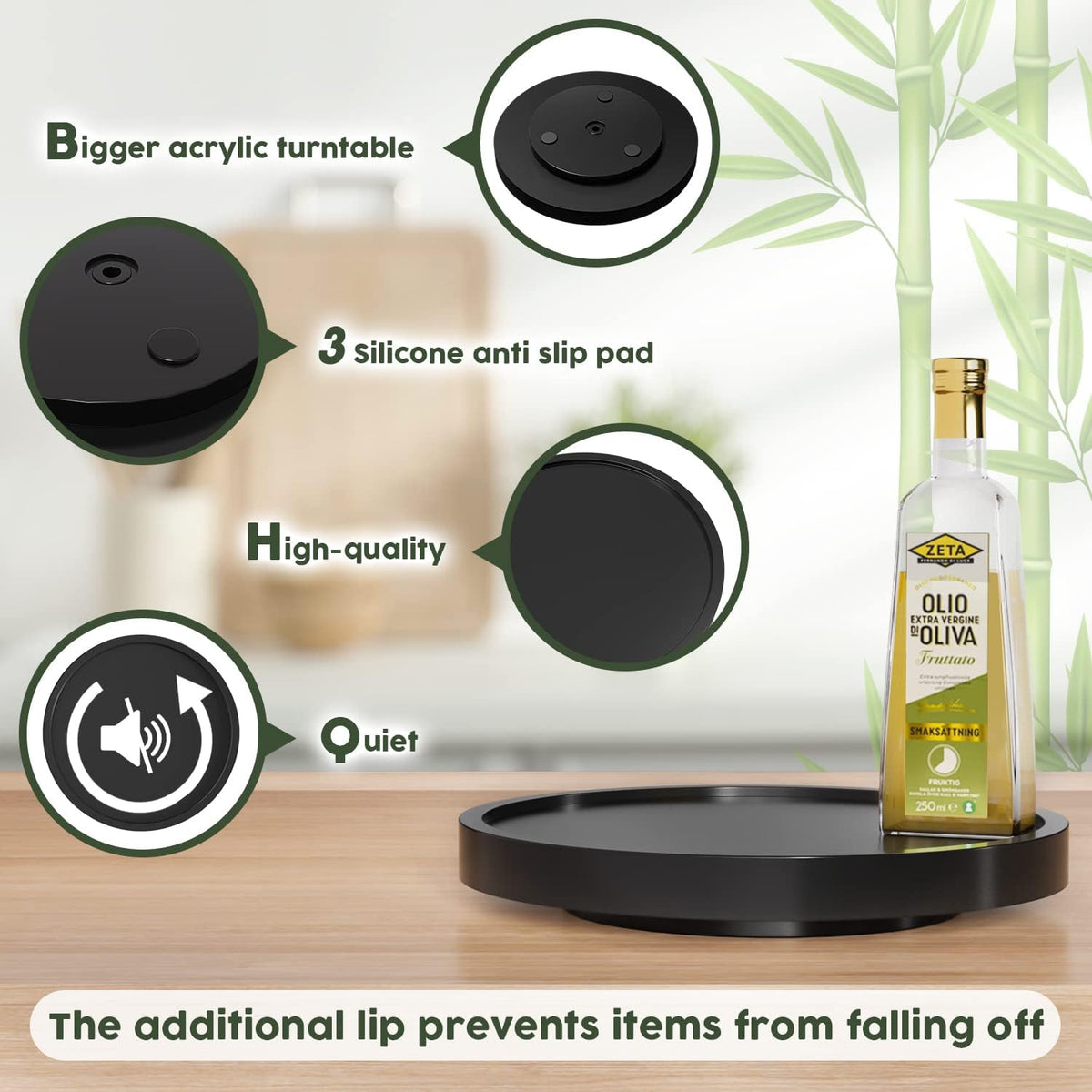 Lazy Susan Organizer, 10 Inch Non-Skid Bamboo Turntable Organizer for Salt Pepper Olive Oil and Spices Next to Stove, Wooden Lazy Susan for Table or Kitchen Countertop Organizer